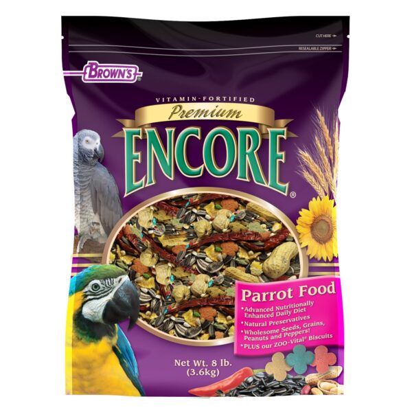 Vitamin‑fortified parrot food with quality seeds, grains, and beneficial ingredients that support digestive health and daily energy.